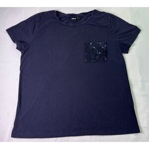 DKNY Women Navy Blue Sequin Pocket T-Shirt Cotton Modal Short Sleeve Tee Size M